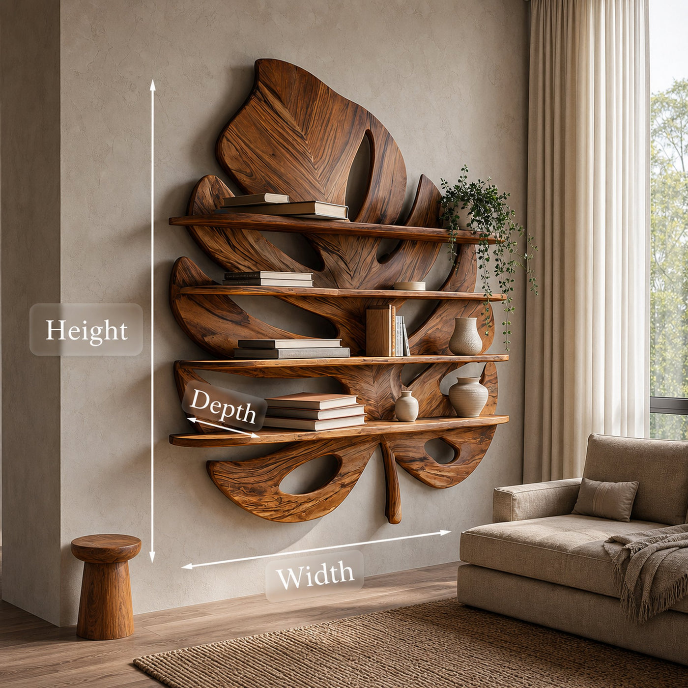 Artistic Wooden Tropical Leaf Wall Mounted Bookshelf For Home Decor - product view 7