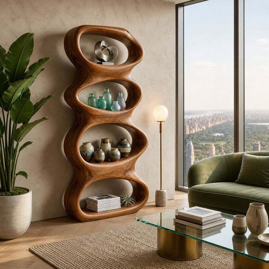 Biomorphic Wooden Bookshelf For Modern Living Room