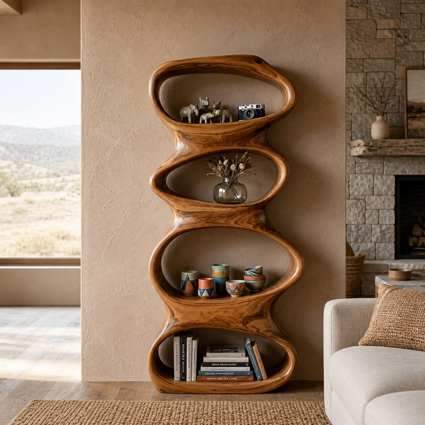Biomorphic Wooden Bookshelf For Modern Living Room - product view 6