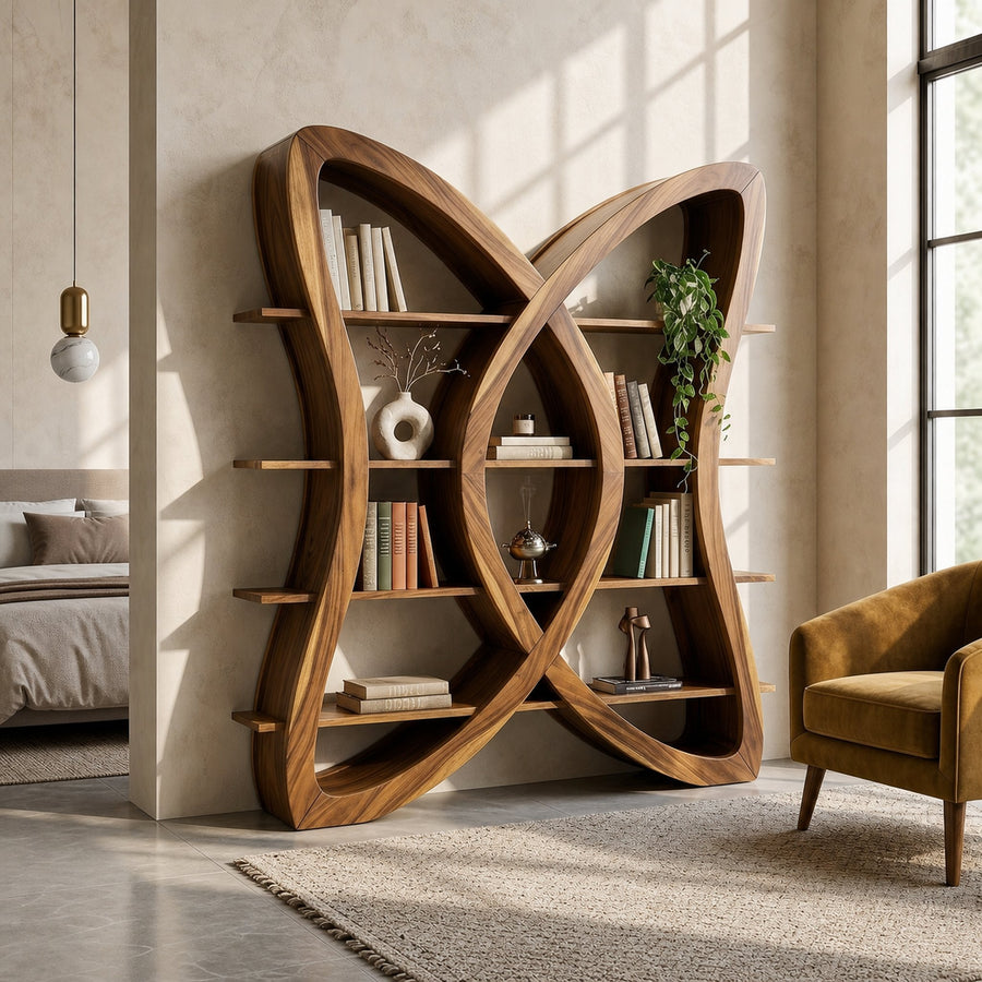 Butterfly Inspired Wooden Bookcase In Organic Style