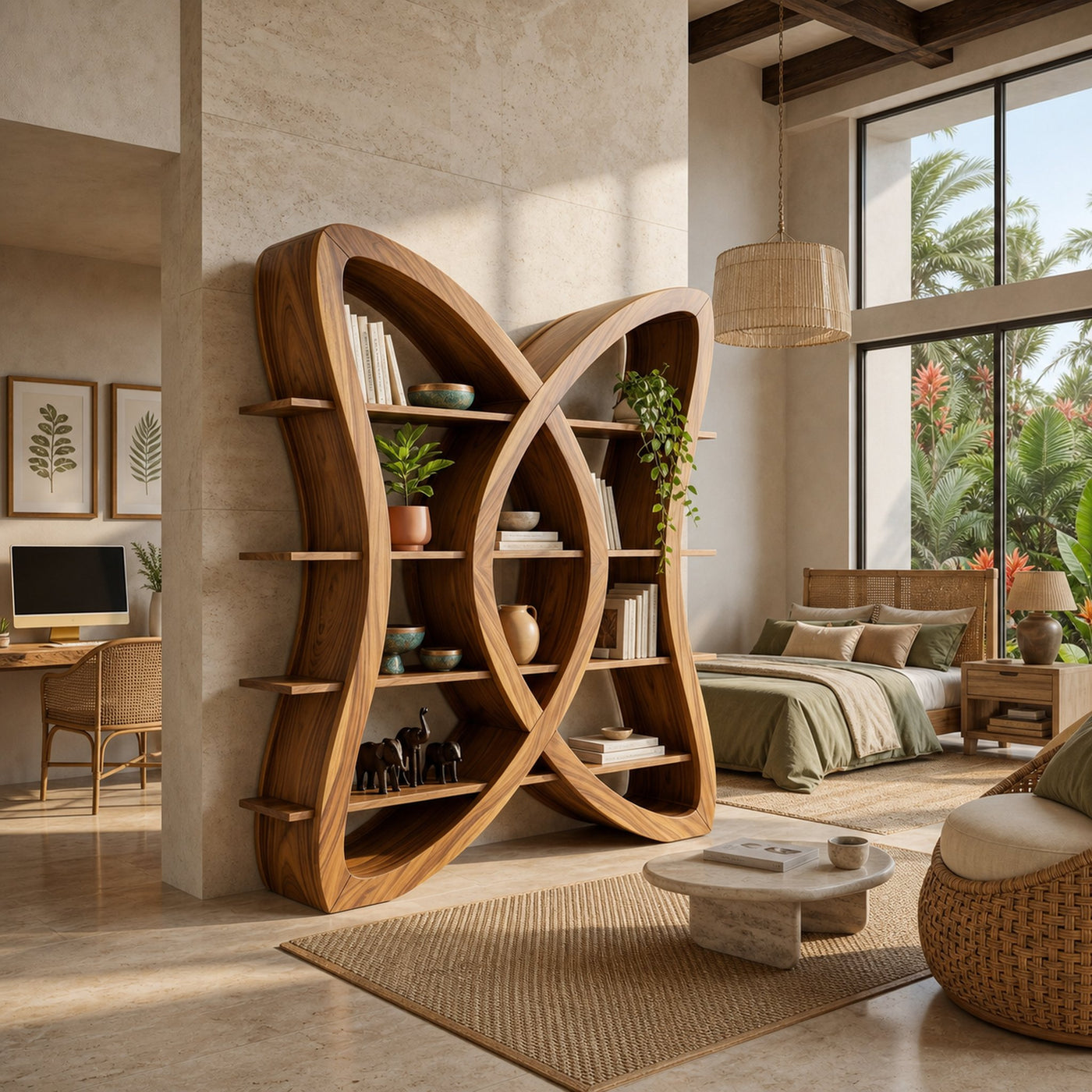 Butterfly Inspired Wooden Bookcase In Organic Style - product view 6