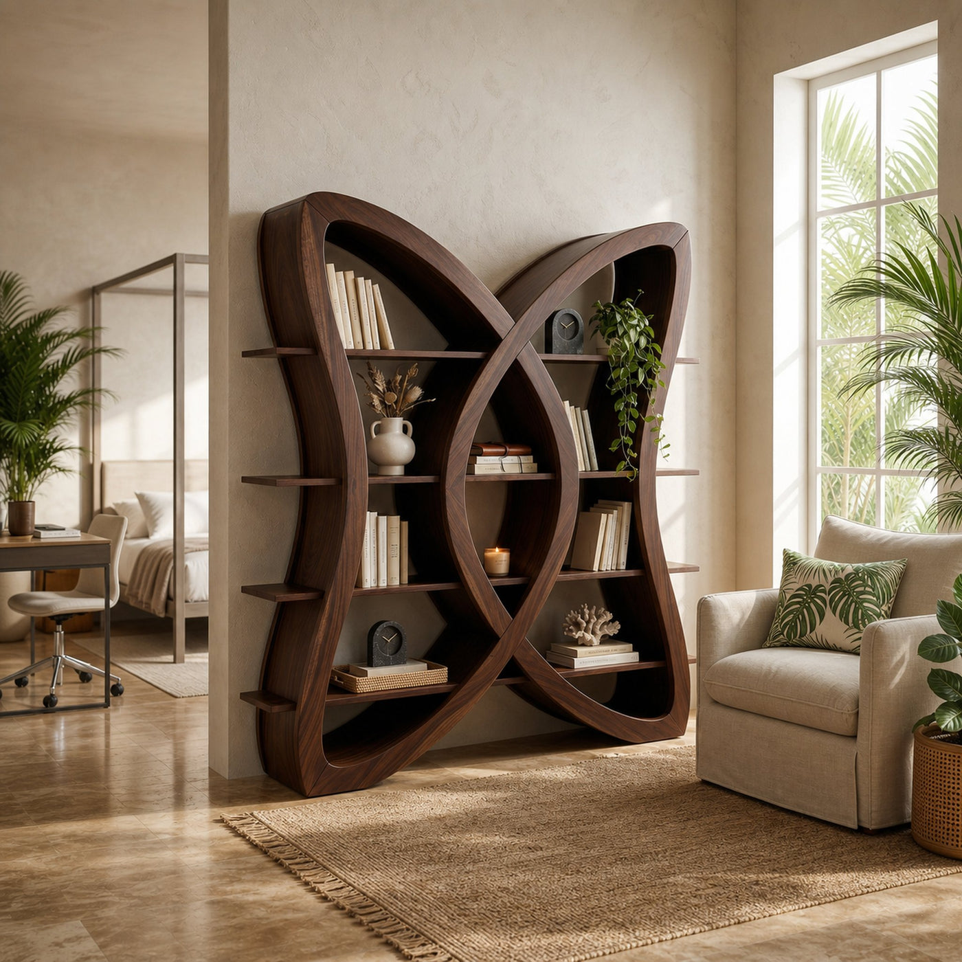 Butterfly Inspired Wooden Bookcase In Organic Style - product view 7