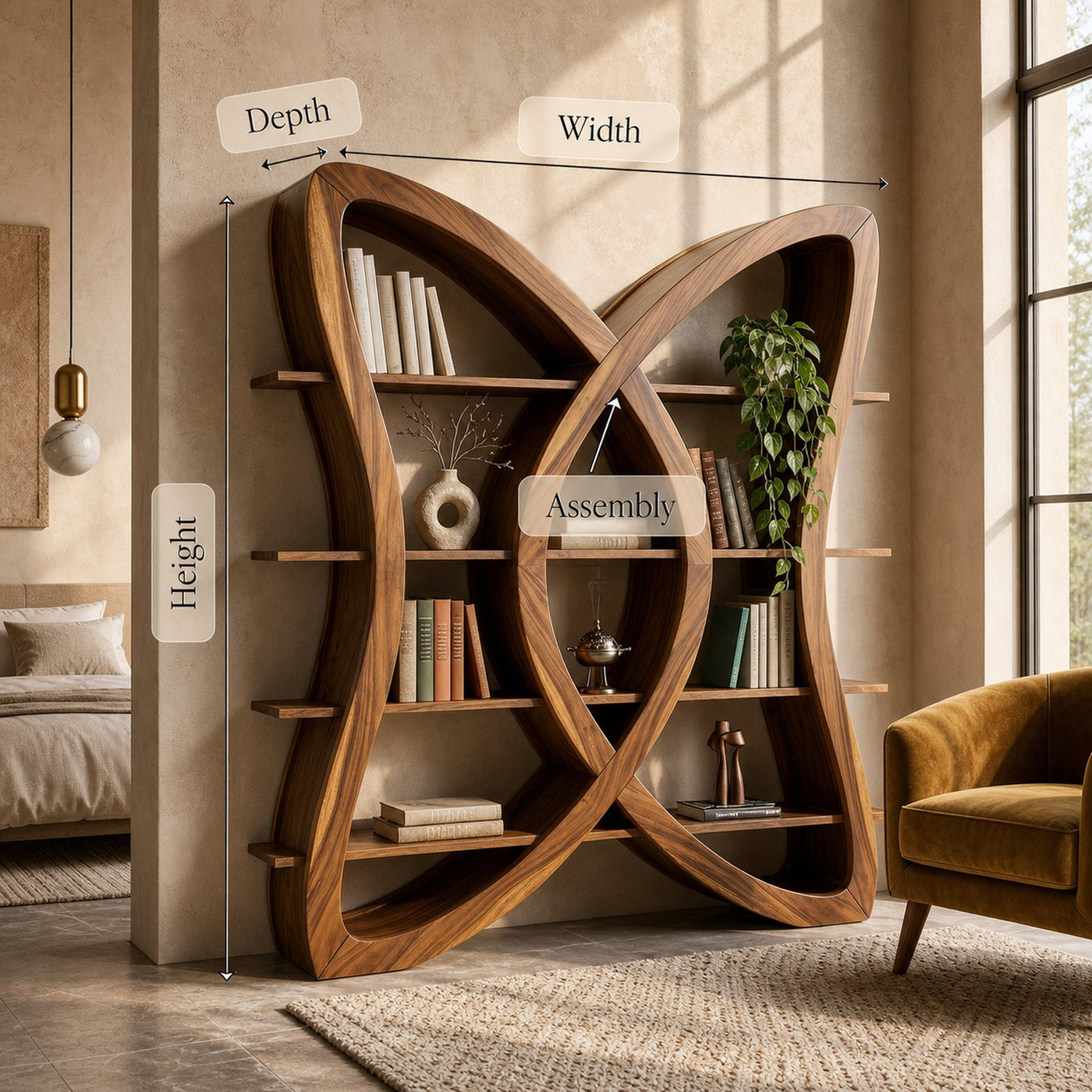 Butterfly Inspired Wooden Bookcase In Organic Style - product view 8
