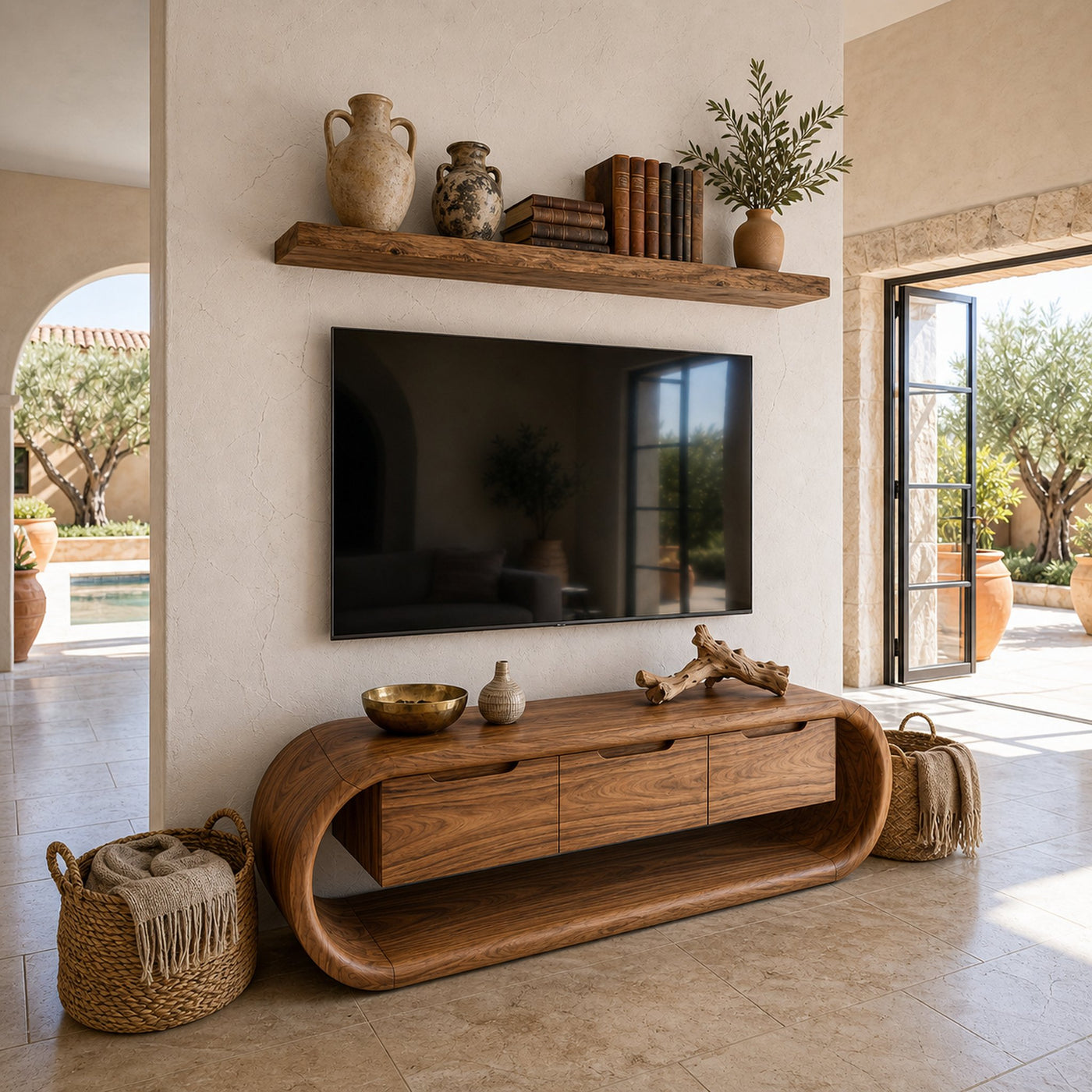 Coastal Greek Island TV Stand For Santorini Style Living Room