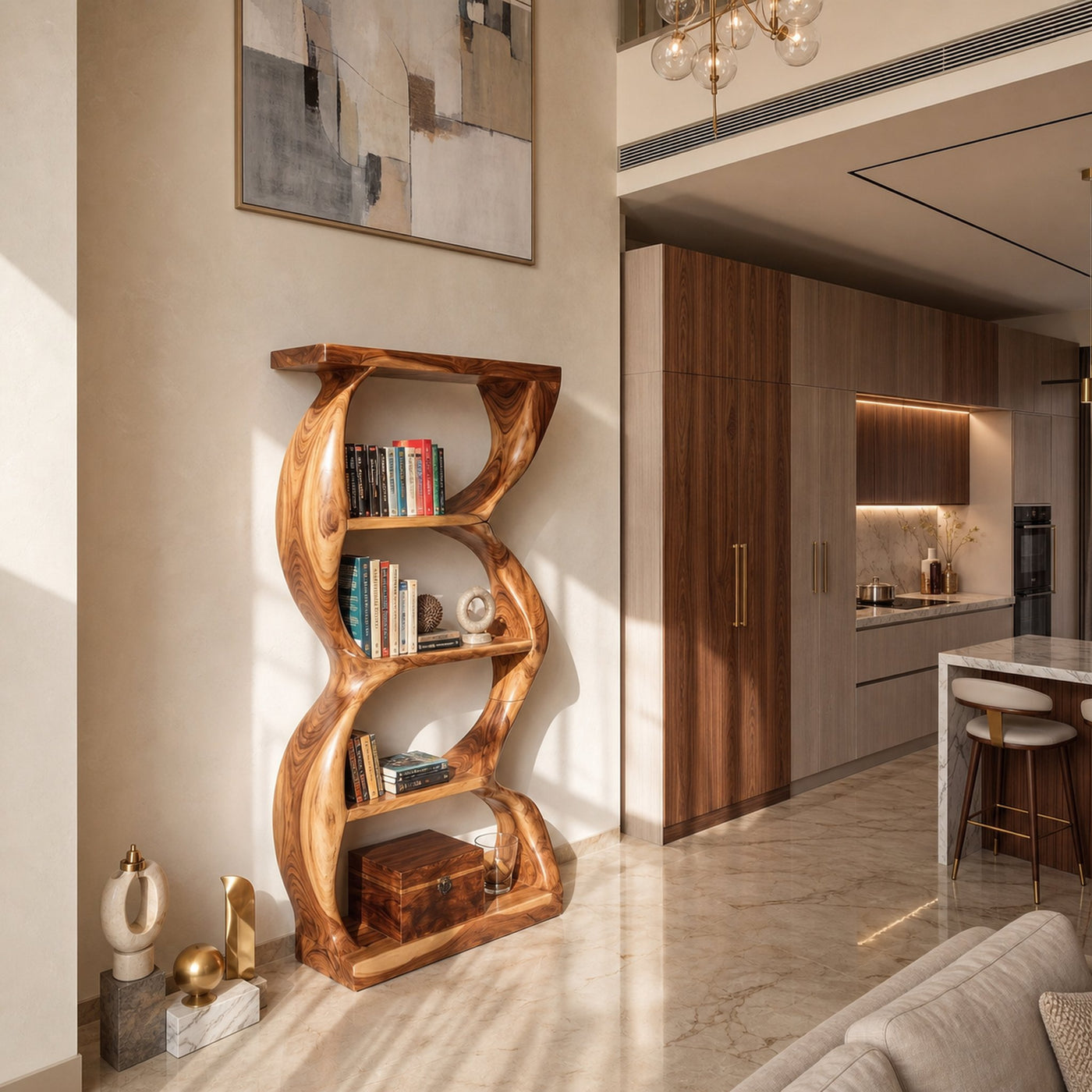 Coastal Inspired Curved Wooden Bookcase With Organic Form - product view 2