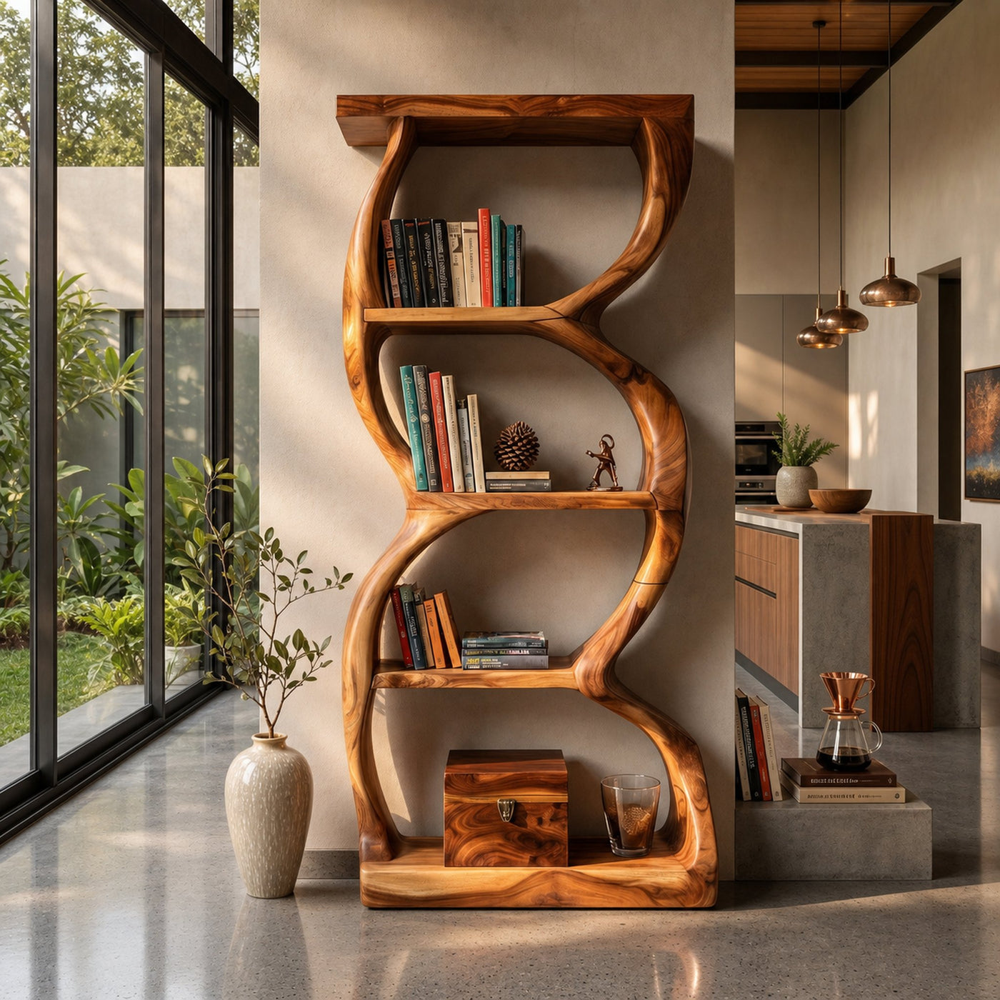 Coastal Inspired Curved Wooden Bookcase With Organic Form - product view 3