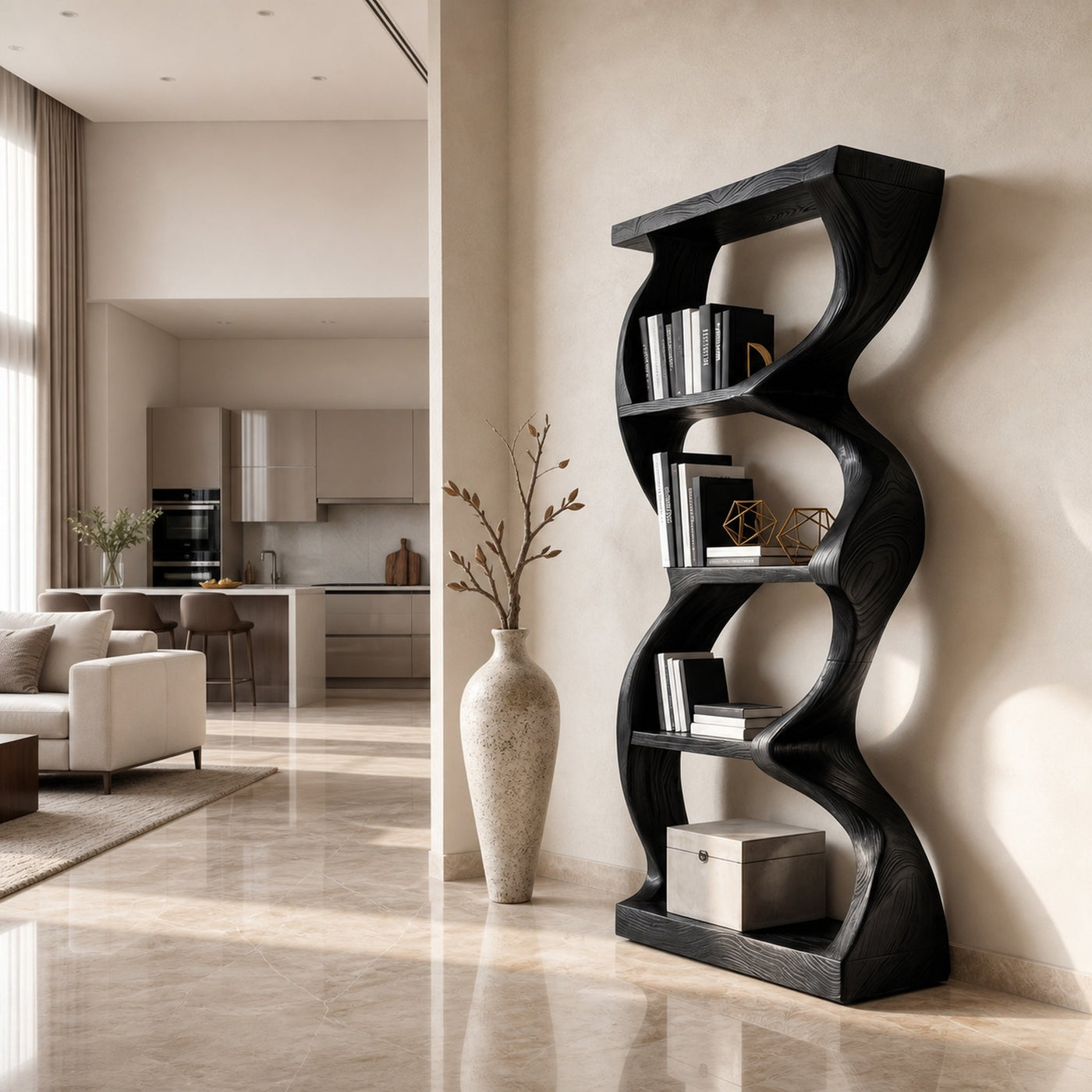 Coastal Inspired Curved Wooden Bookcase With Organic Form - product view 4