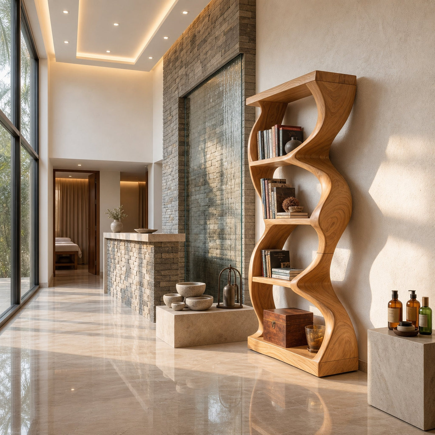 Coastal Inspired Curved Wooden Bookcase With Organic Form - product view 5
