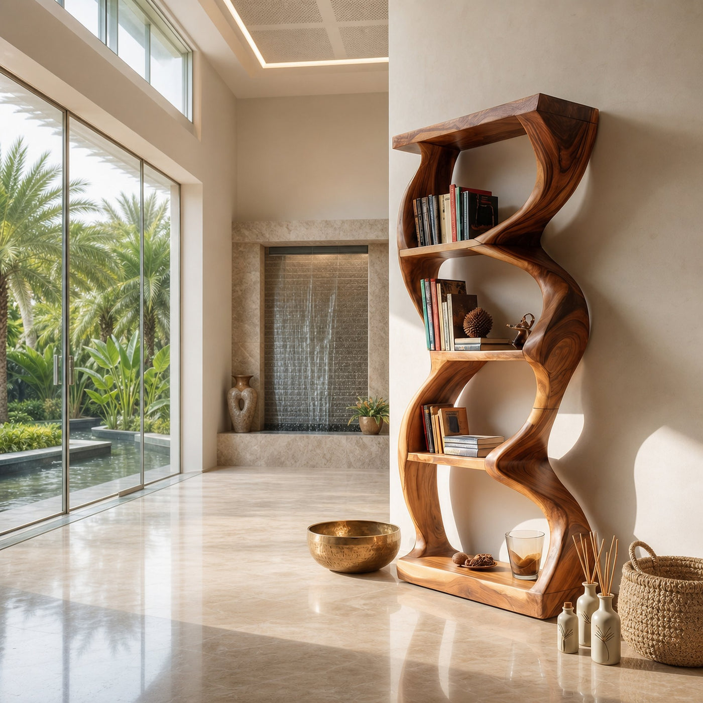 Coastal Inspired Curved Wooden Bookcase With Organic Form - product view 6