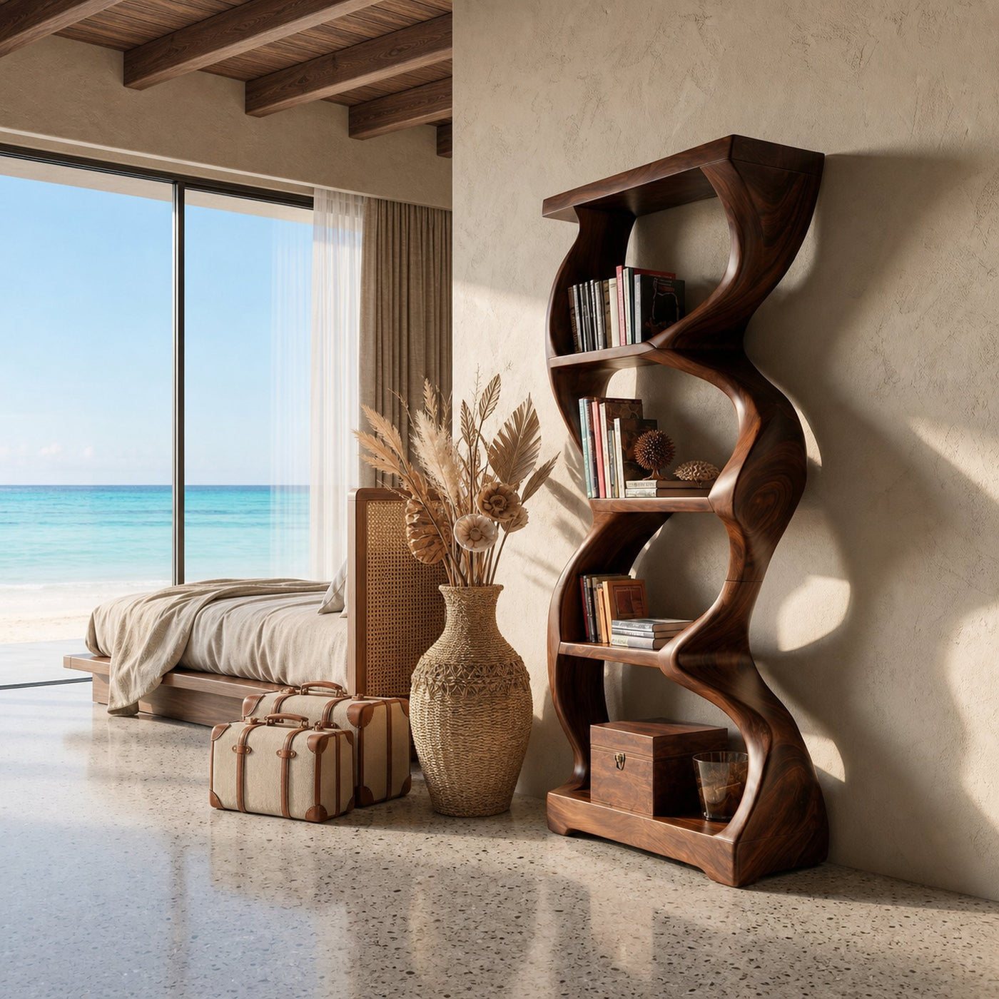 Coastal Inspired Curved Wooden Bookcase With Organic Form - product view 7
