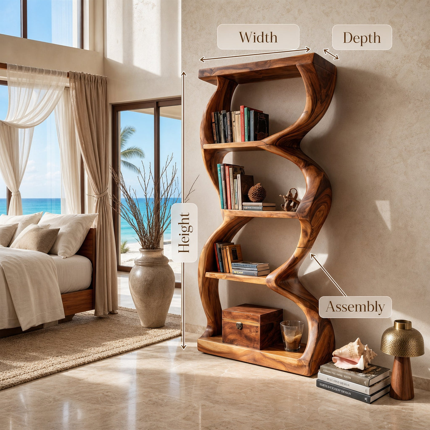 Coastal Inspired Curved Wooden Bookcase With Organic Form - product view 8