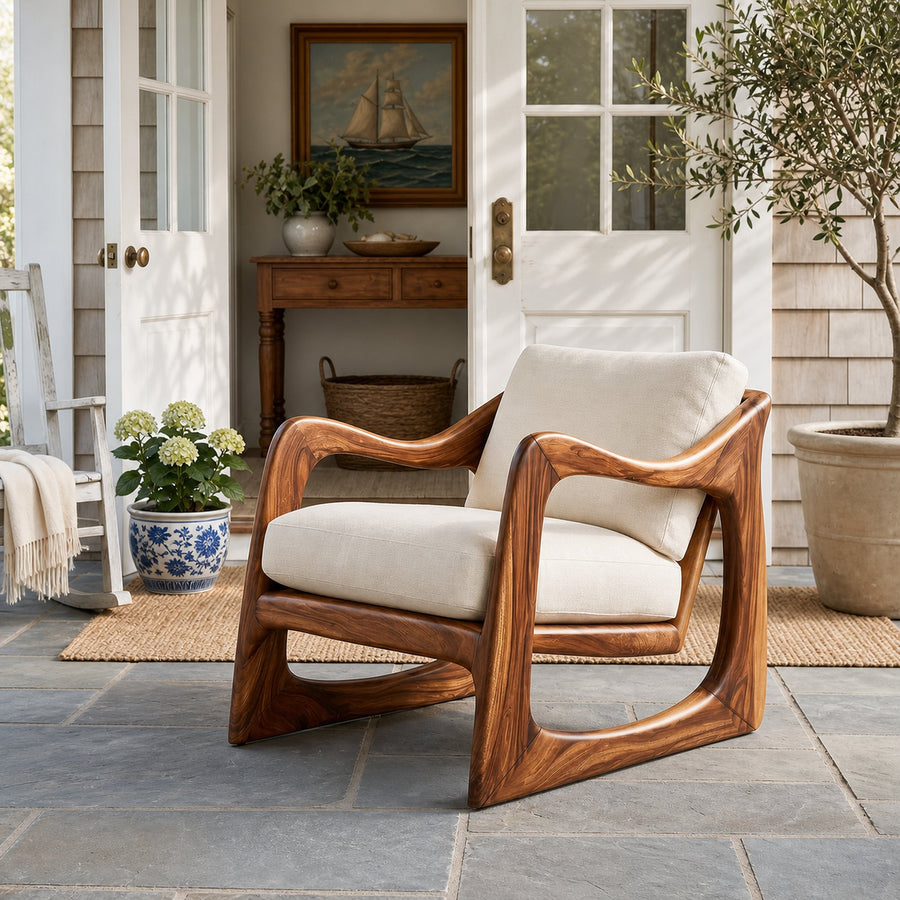 Coastal Luxury Accent Chair with Sculptural Wooden Craftsmanship
