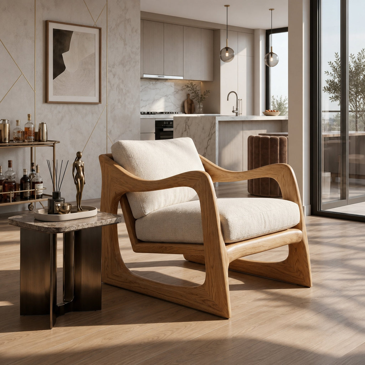 Coastal Luxury Accent Chair with Sculptural Wooden Craftsmanship - product view 6