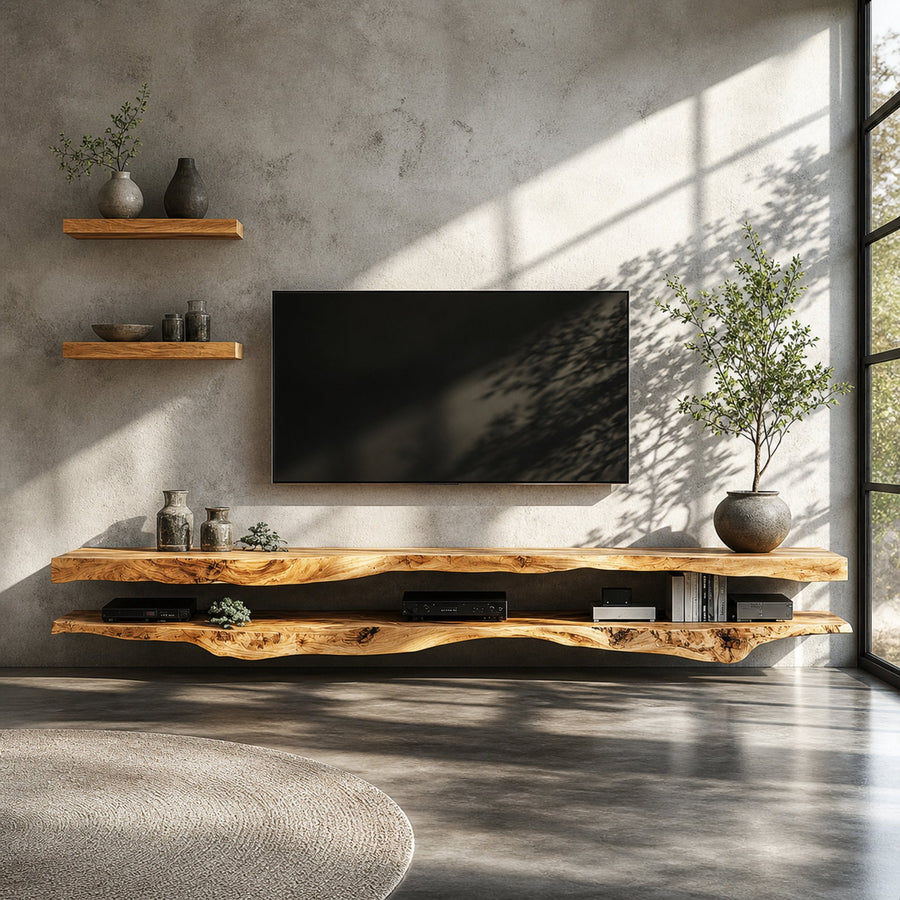 Combo 2 Pieces Rustic Floating TV Stand Living Room Media