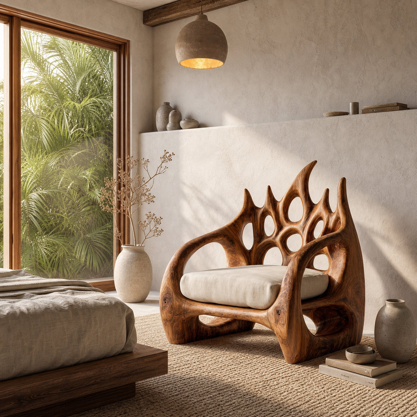 Contemporary Armchair With Organic Wood Silhouette For Living Room Decor