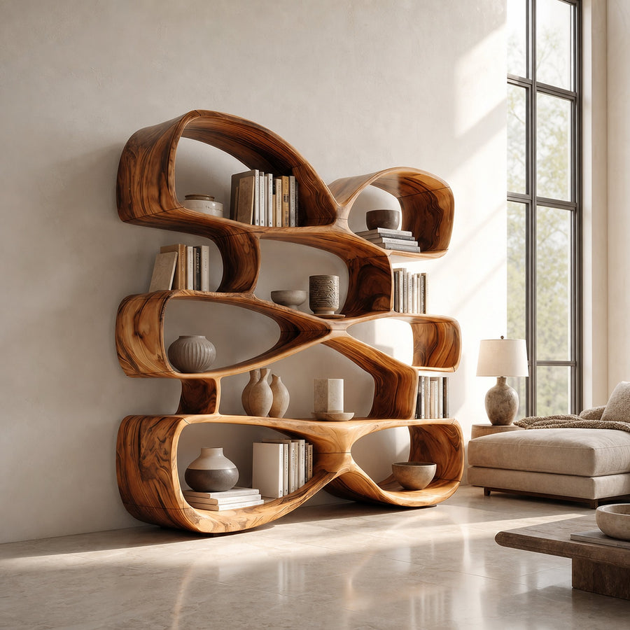 Contemporary Biomorphic Wooden Bookshelf In Fluid Design