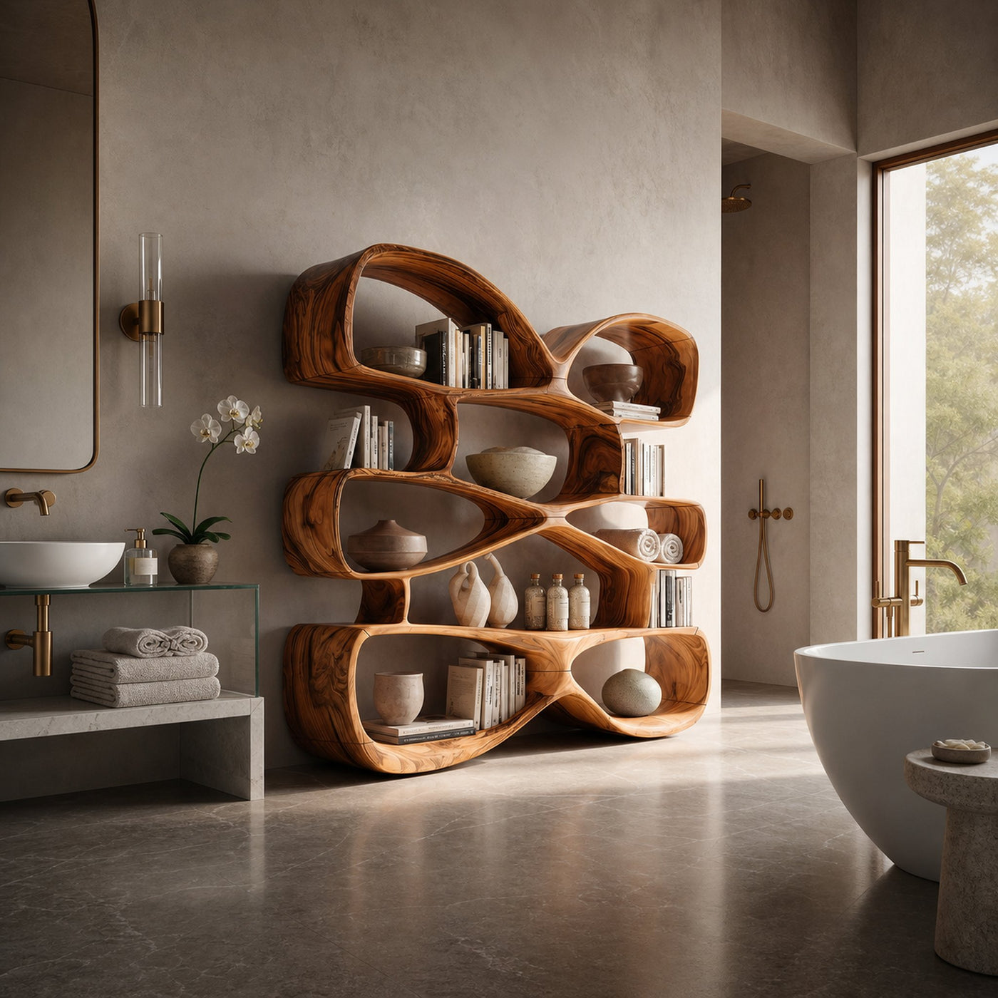 Contemporary Biomorphic Wooden Bookshelf In Fluid Design - product view 6