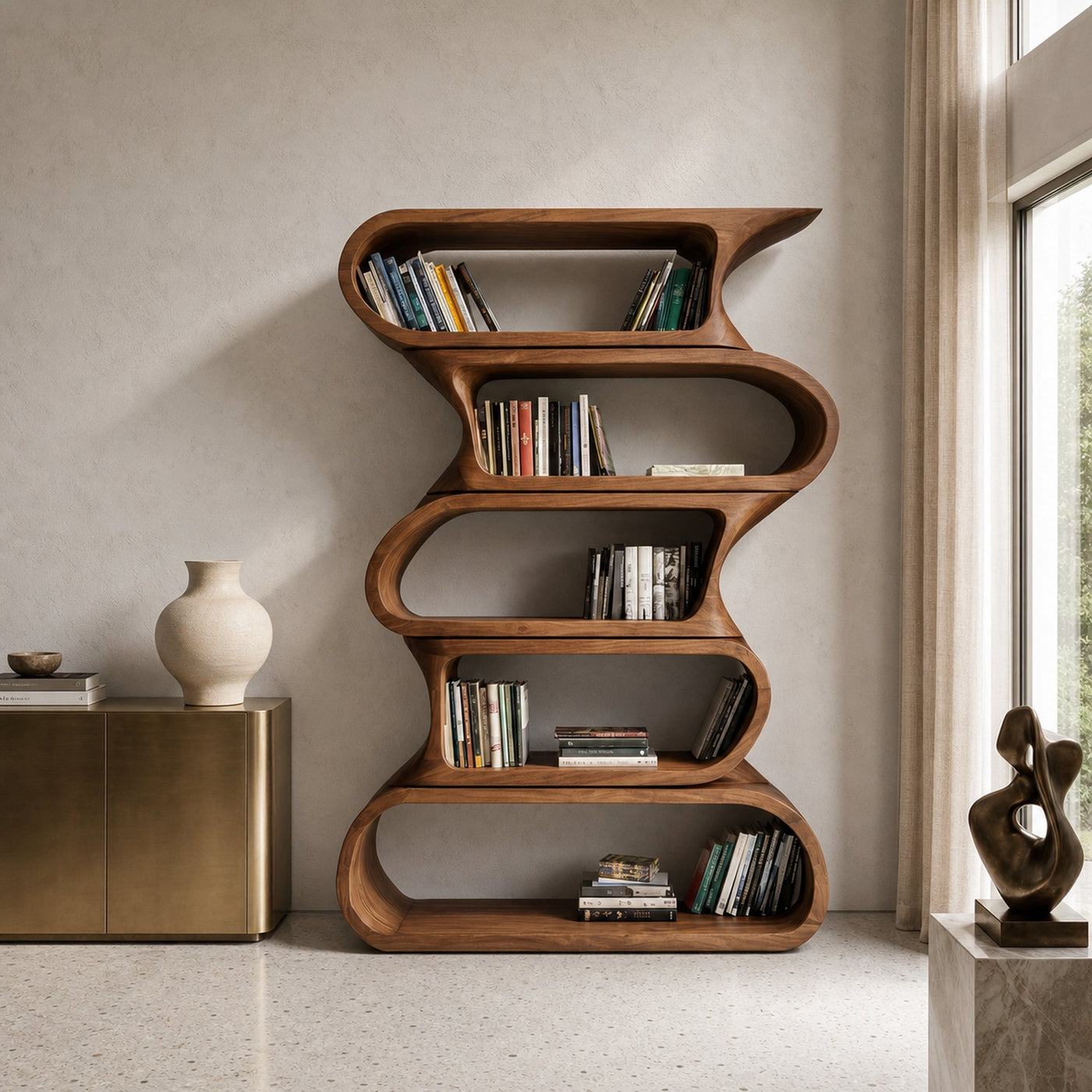 Contemporary Bookshelf With Rounded Tiers For Living Room