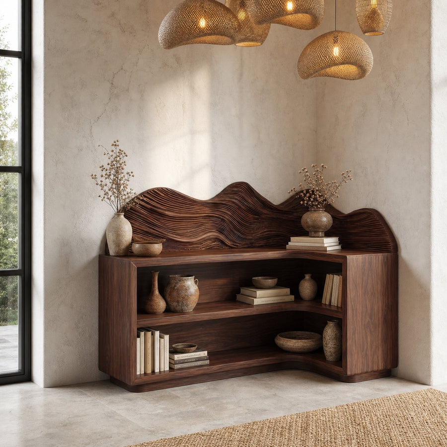 Contemporary Corner Bookcase With Sculptural Wooden Shelves For Living Room