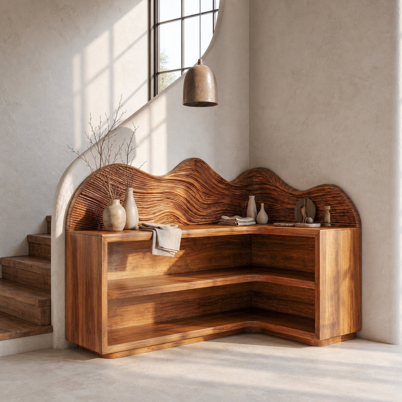Contemporary Corner Bookcase With Sculptural Wooden Shelves For Living Room - product view 6