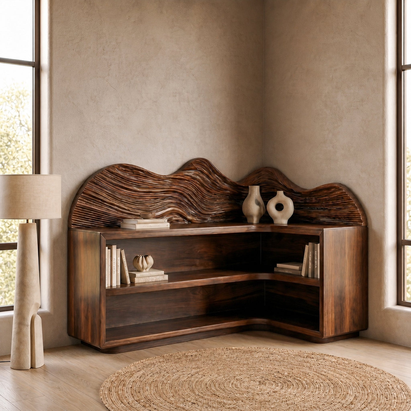 Contemporary Corner Bookcase With Sculptural Wooden Shelves For Living Room - product view 7
