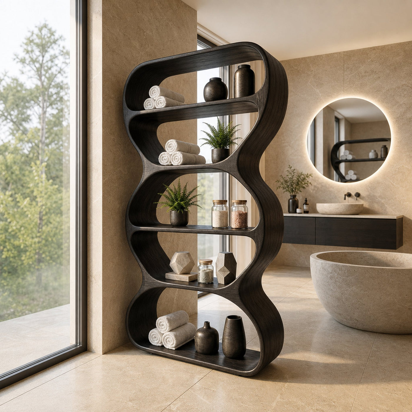 Contemporary Curved Bookshelf Living Room Display - product view 4