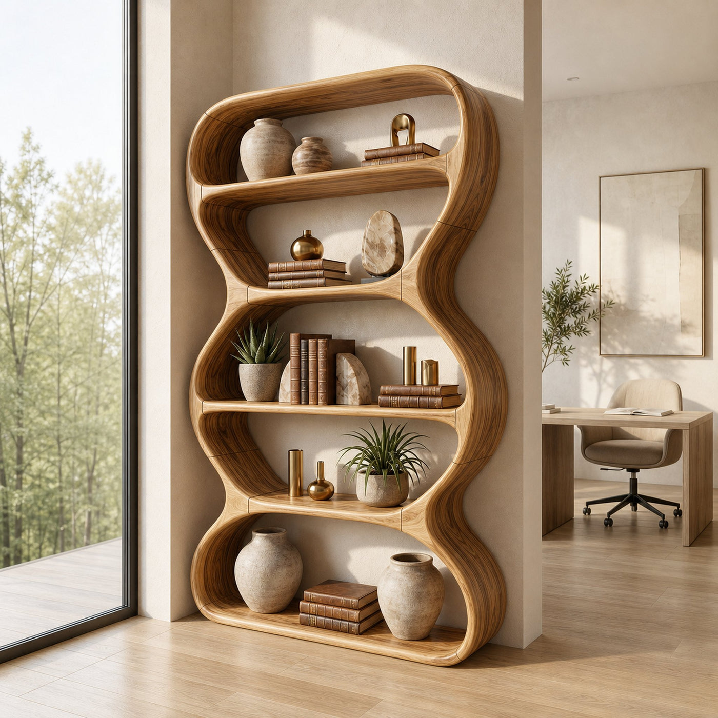 Contemporary Curved Bookshelf Living Room Display - product view 5