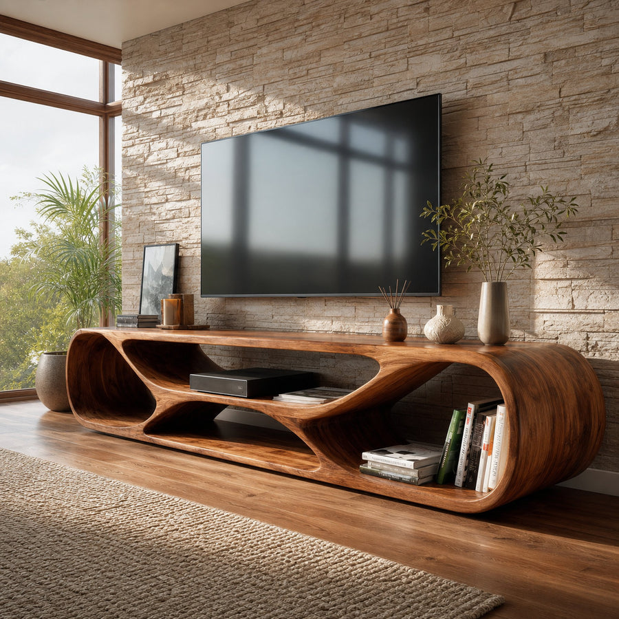 Contemporary Curved Wood TV Stand For Modern Living Room