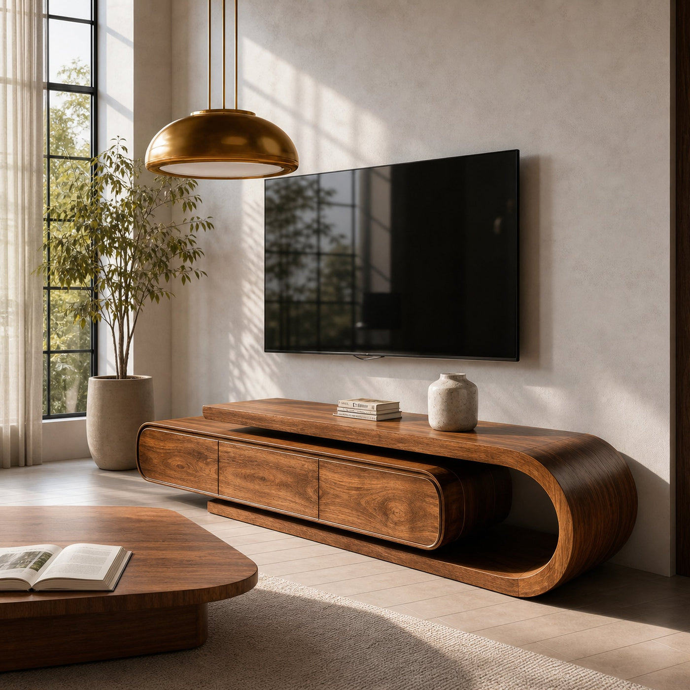 Contemporary Curved Wooden TV Console For Living Room