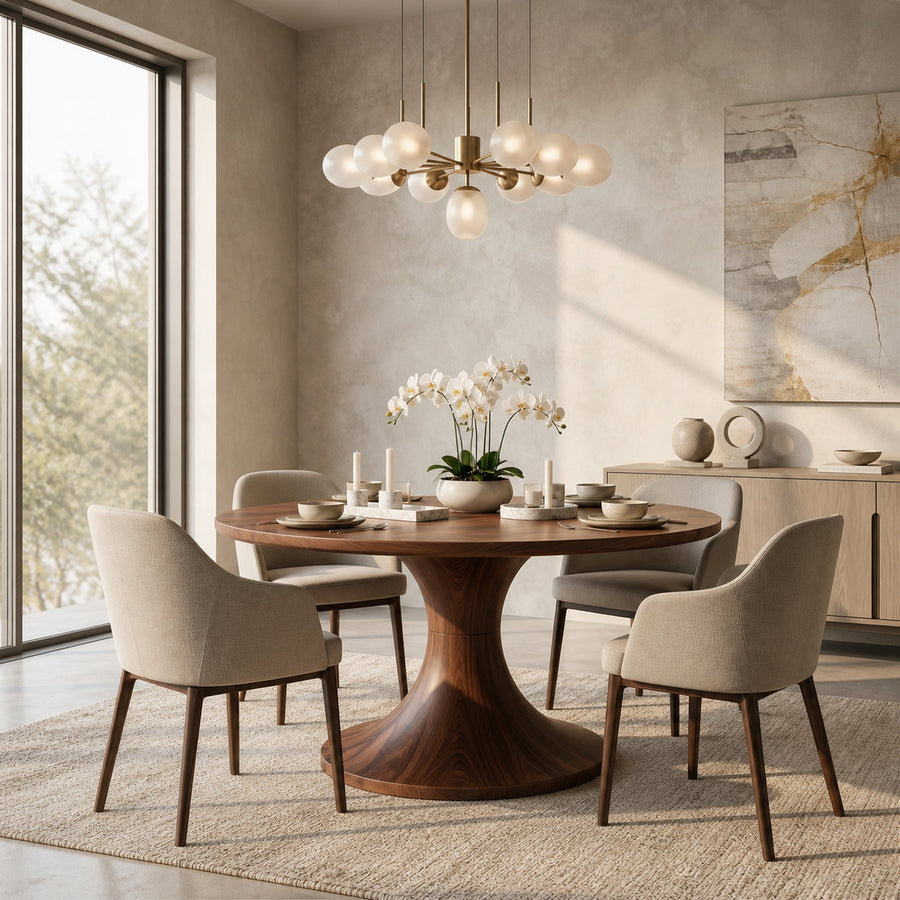 Contemporary Dining Table With Handcrafted Solid Wood Pedestal For Kitchen