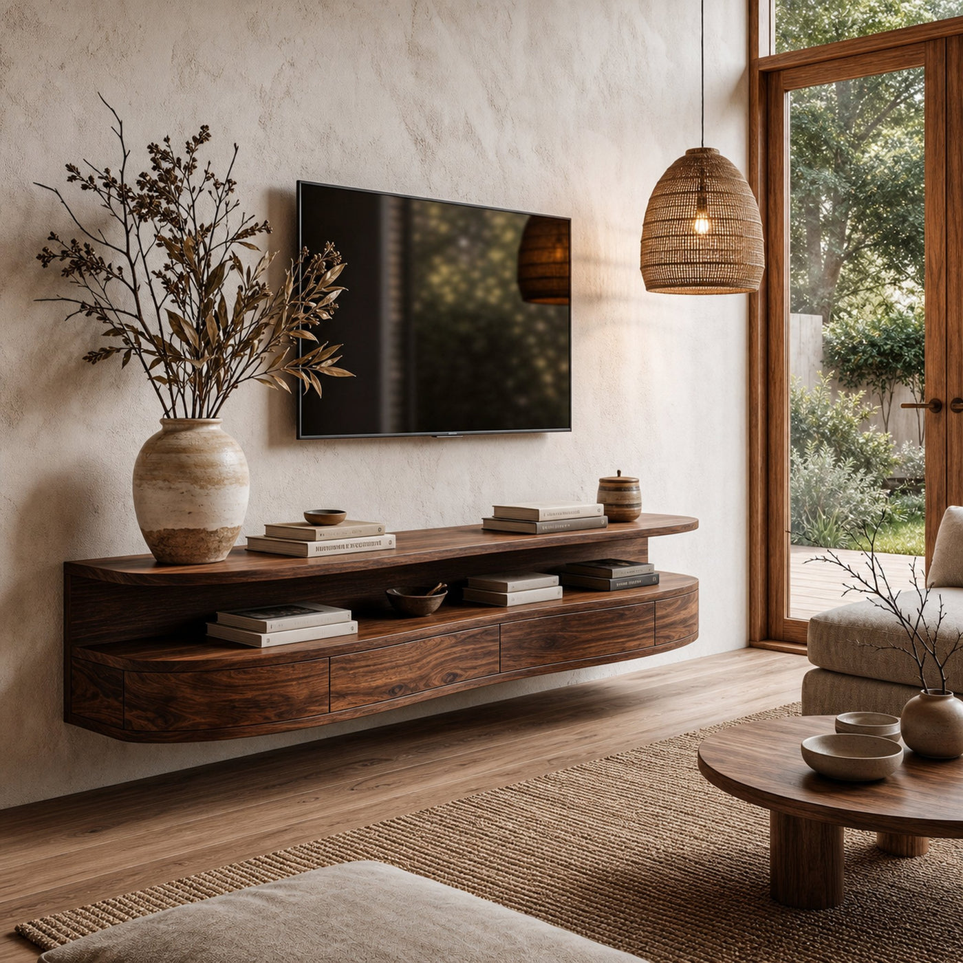 Contemporary Floating TV Stand With Built In Drawer Storage For Living Room