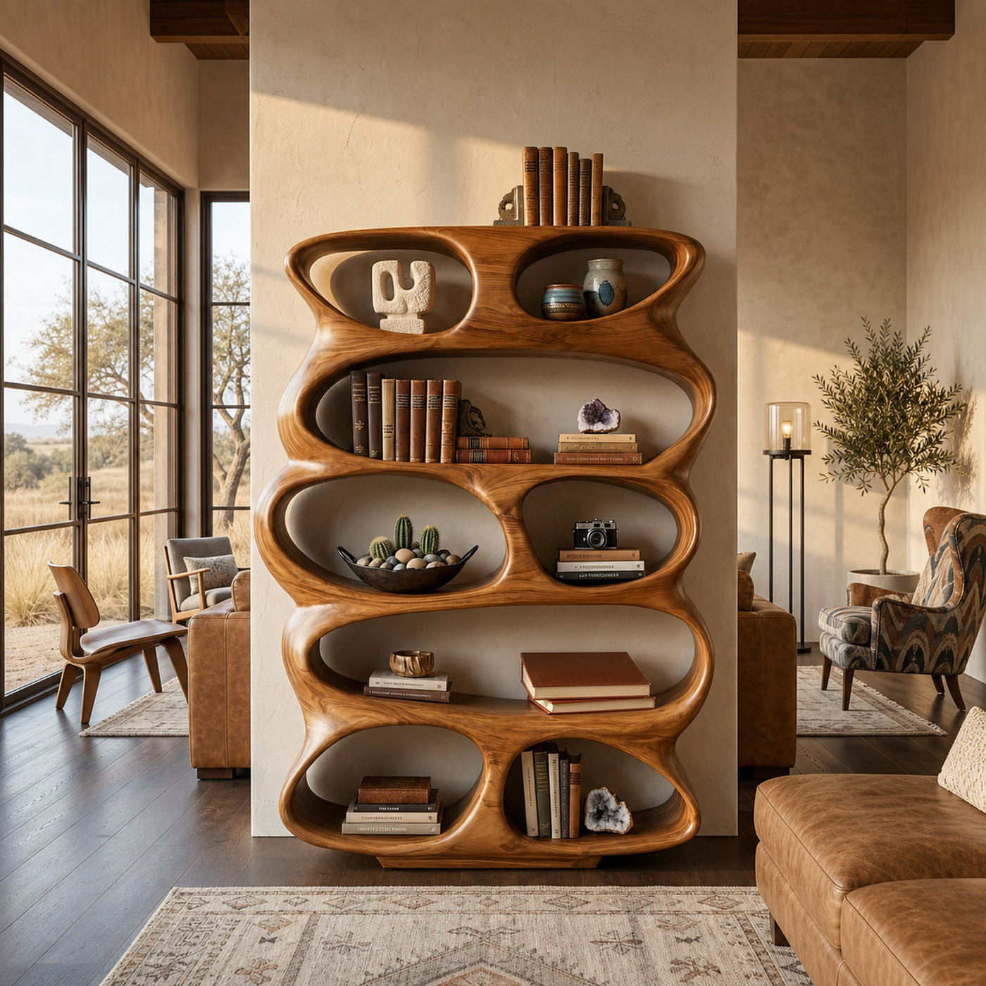 Contemporary Flowing Form Bookshelf For Living Room Storage - product view 6