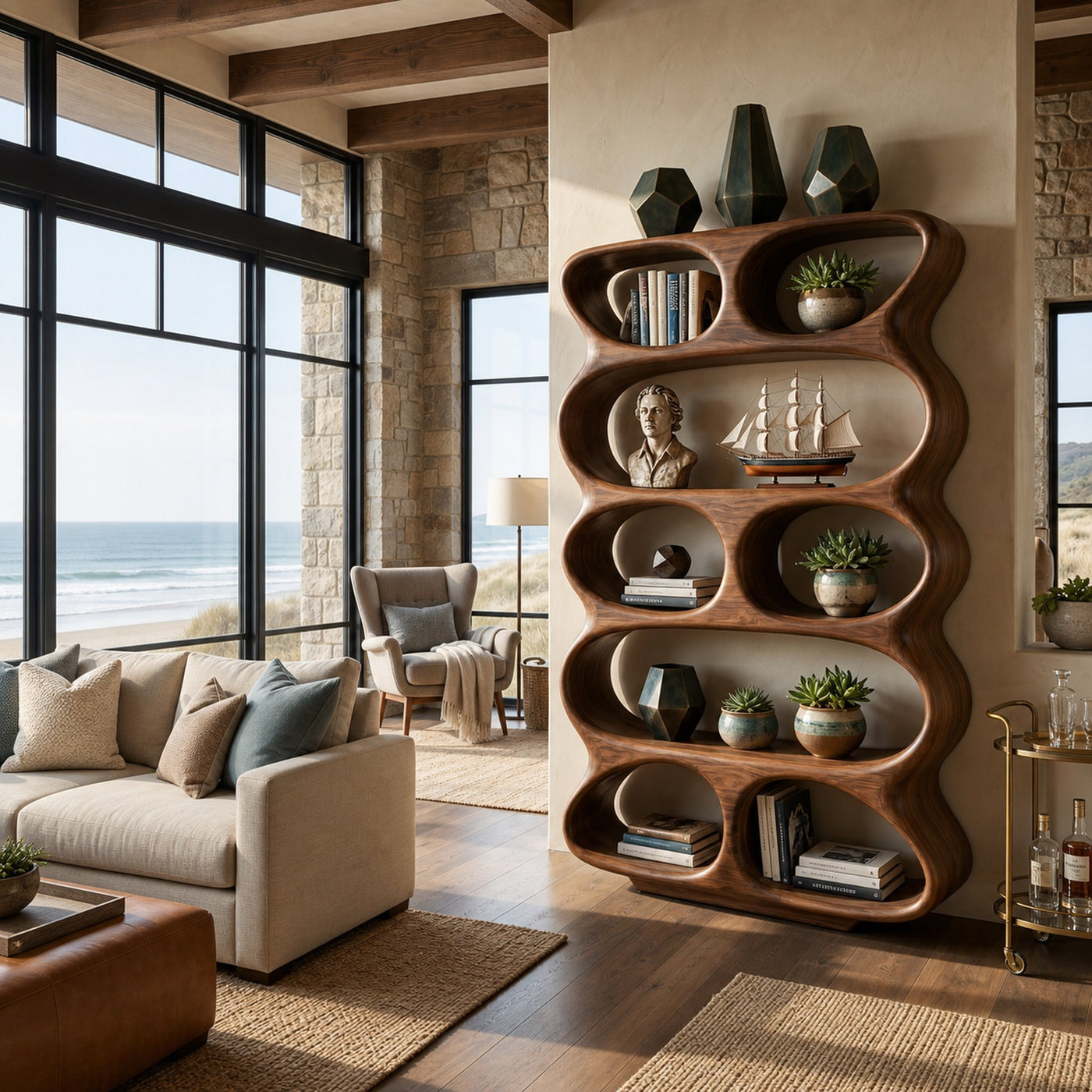 Contemporary Flowing Form Bookshelf For Living Room Storage - product view 7