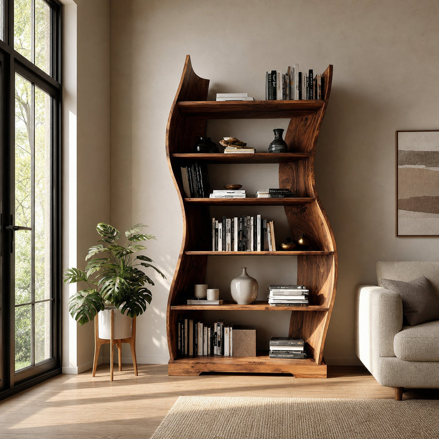 Contemporary Flowing Wooden Bookshelf For Living Room