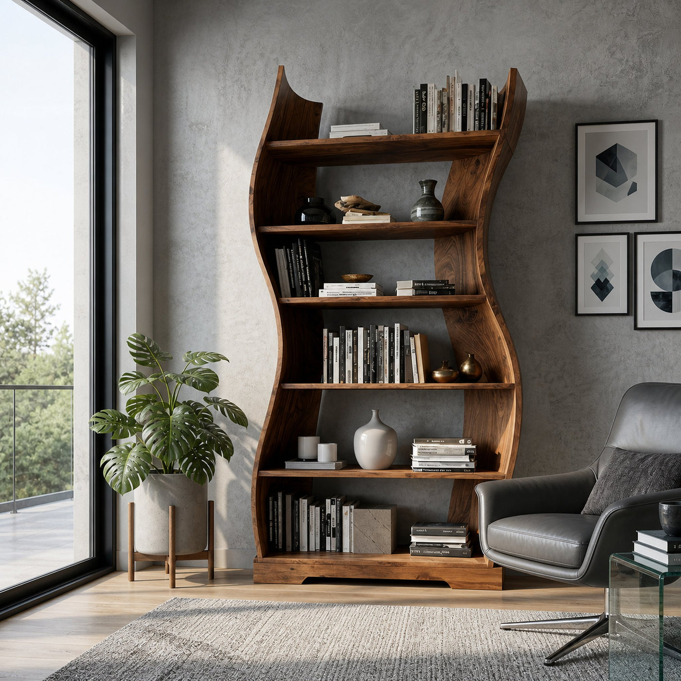 Contemporary Flowing Wooden Bookshelf For Living Room - product view 6