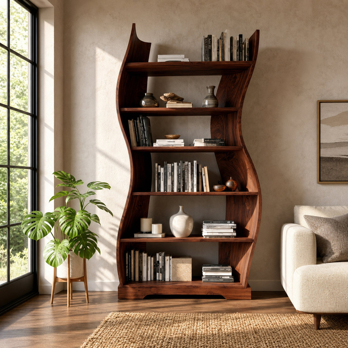 Contemporary Flowing Wooden Bookshelf For Living Room - product view 7
