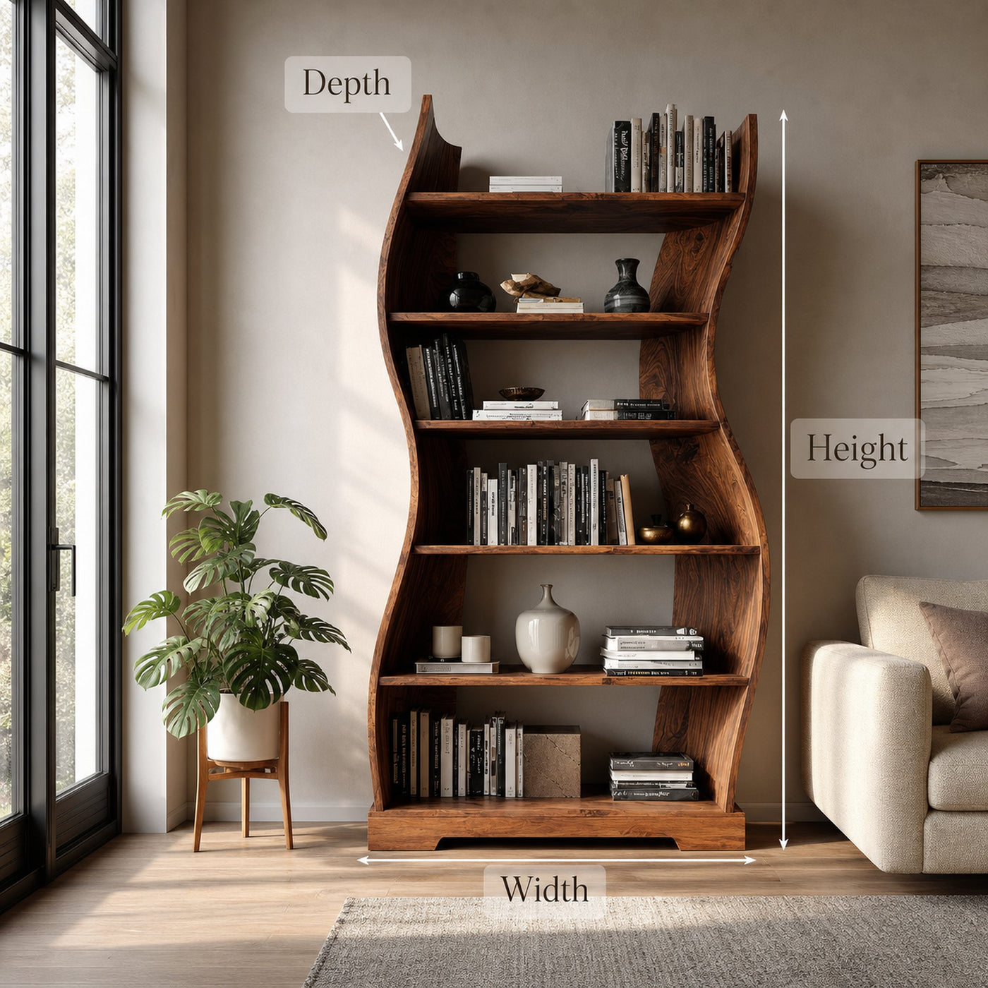 Contemporary Flowing Wooden Bookshelf For Living Room - product view 8