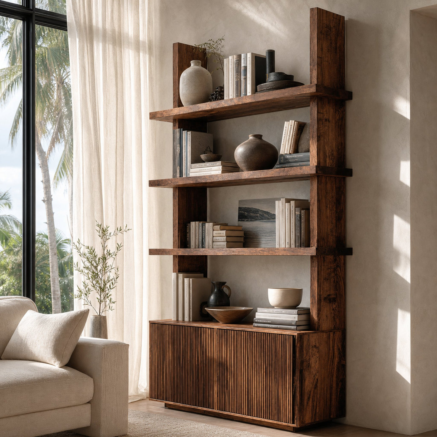 Contemporary Fluted Wood Bookshelf For Living Decor - product view 6