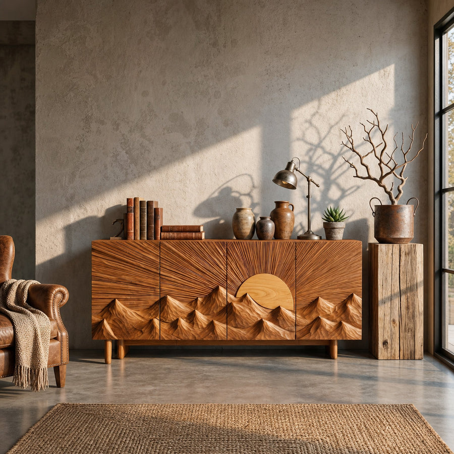 Contemporary Landscape Sideboard With Sculptural Carved Wood Doors For Living Room