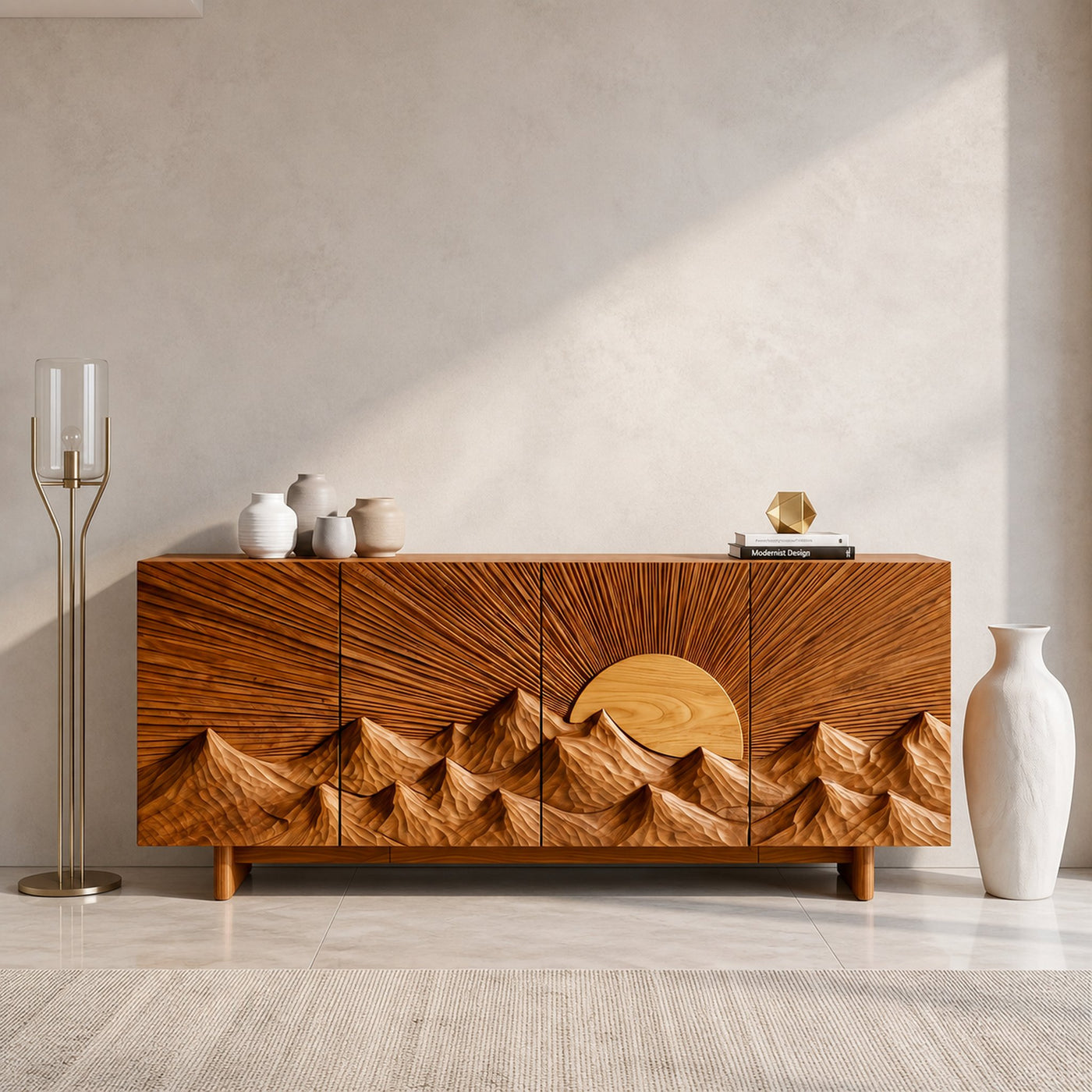 Contemporary Landscape Sideboard With Sculptural Carved Wood Doors For Living Room - product view 6