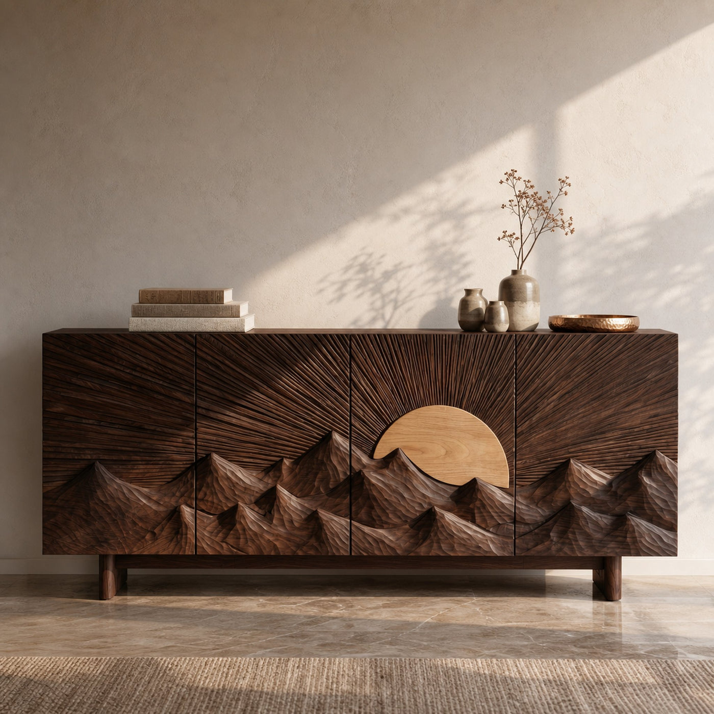 Contemporary Landscape Sideboard With Sculptural Carved Wood Doors For Living Room - product view 7