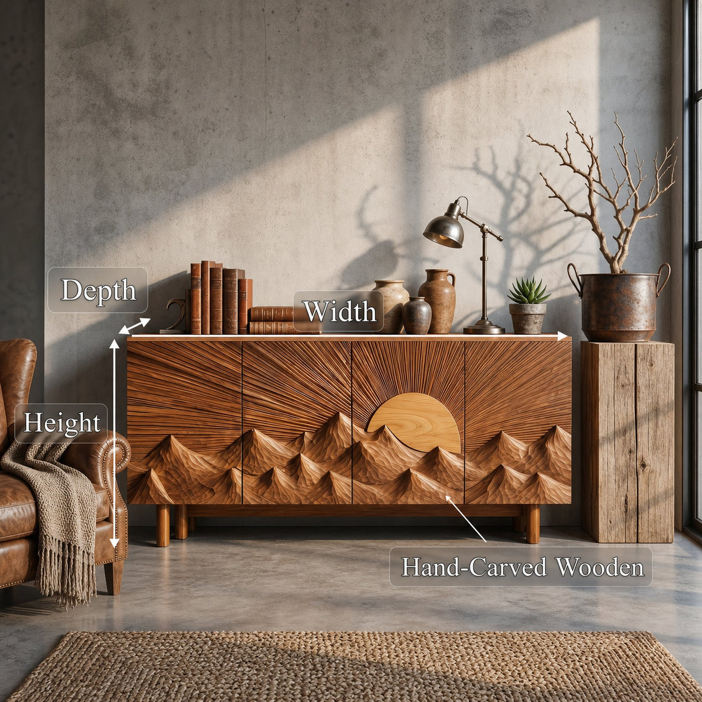 Contemporary Landscape Sideboard With Sculptural Carved Wood Doors For Living Room - product view 8
