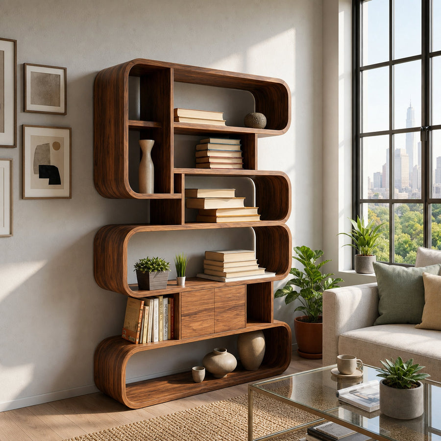 Contemporary Natural Wood Bookshelf With Rounded Form For Home