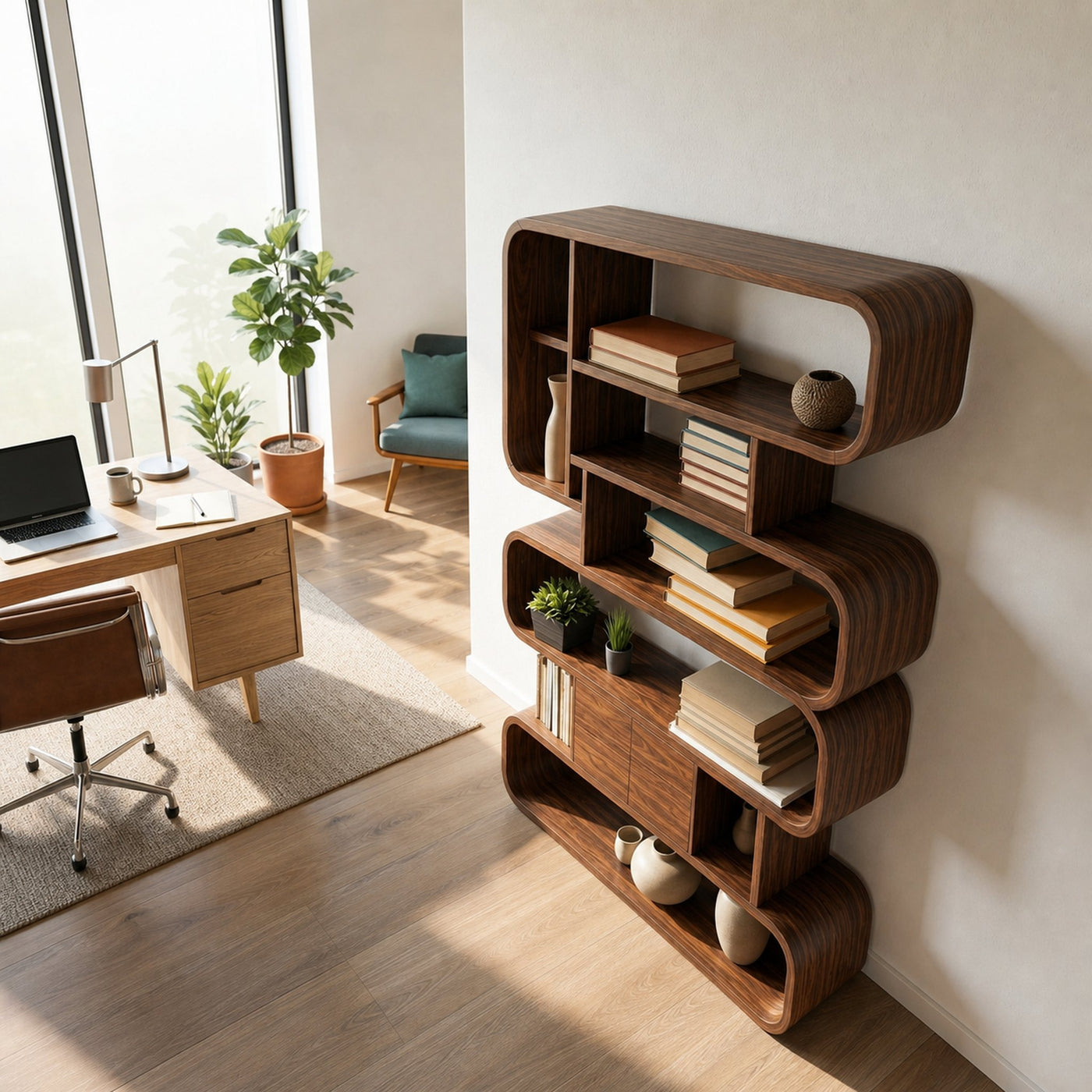 Contemporary Natural Wood Bookshelf With Rounded Form For Home - product view 2