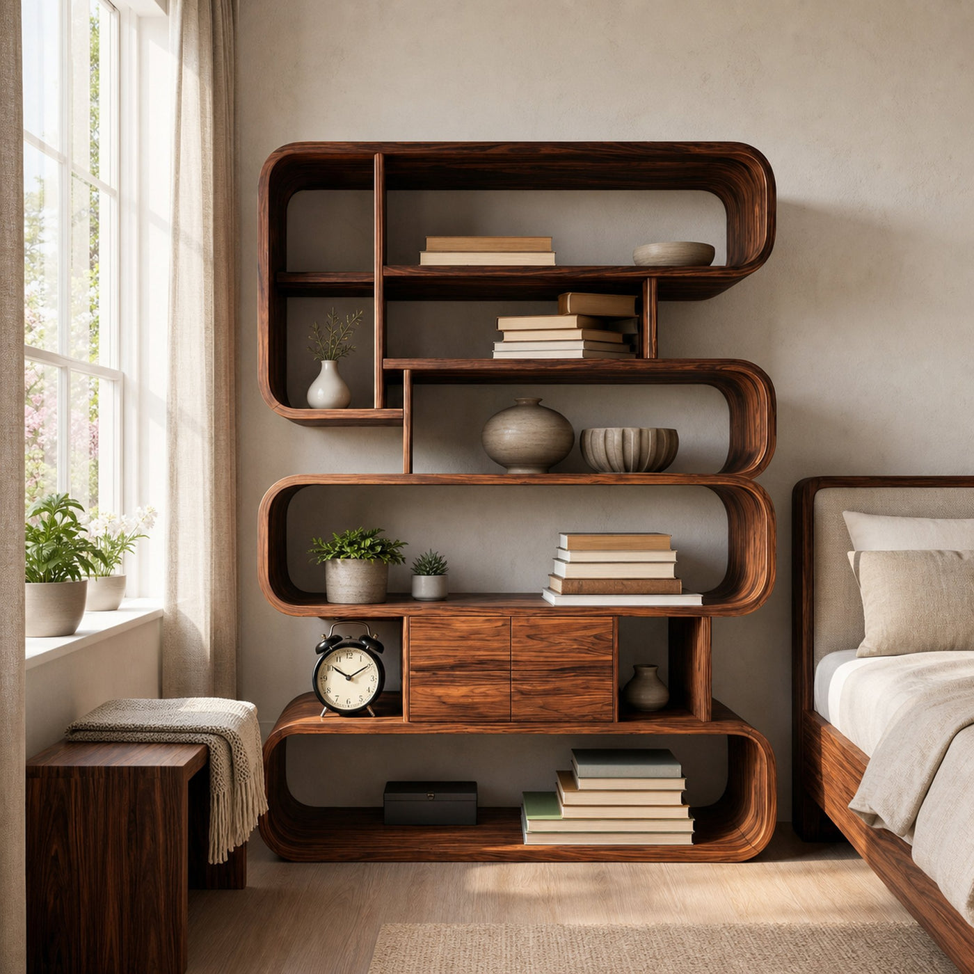 Contemporary Natural Wood Bookshelf With Rounded Form For Home - product view 6