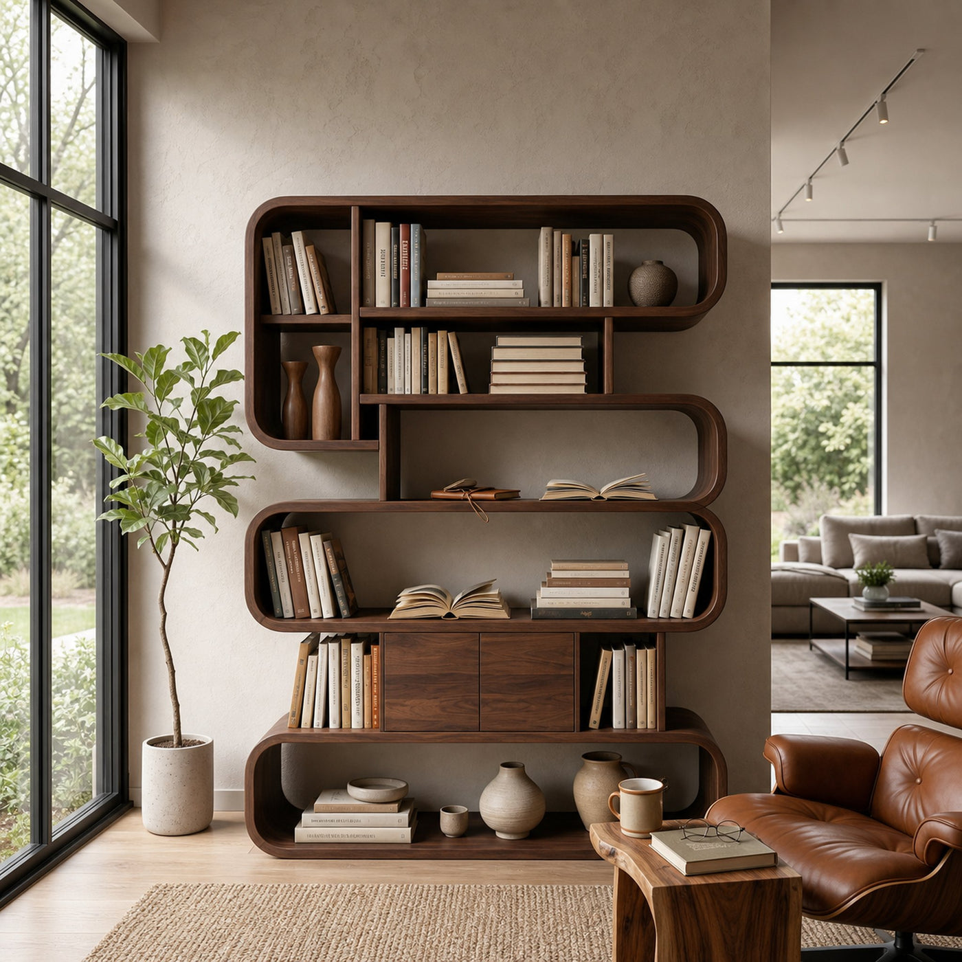 Contemporary Natural Wood Bookshelf With Rounded Form For Home - product view 7