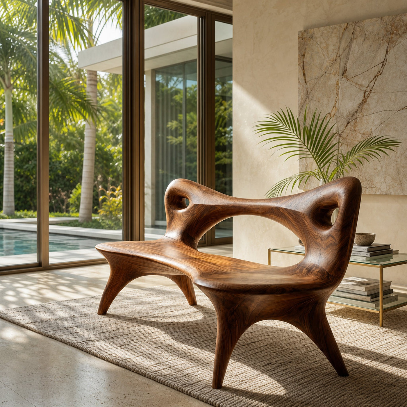 Contemporary Natural Wood Curved Bench For Living Room