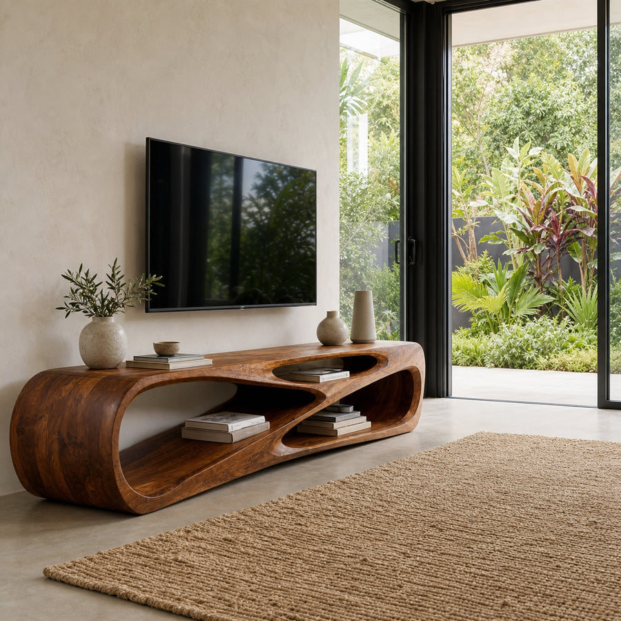 Contemporary Natural Wood Media Console For Living Room Decor
