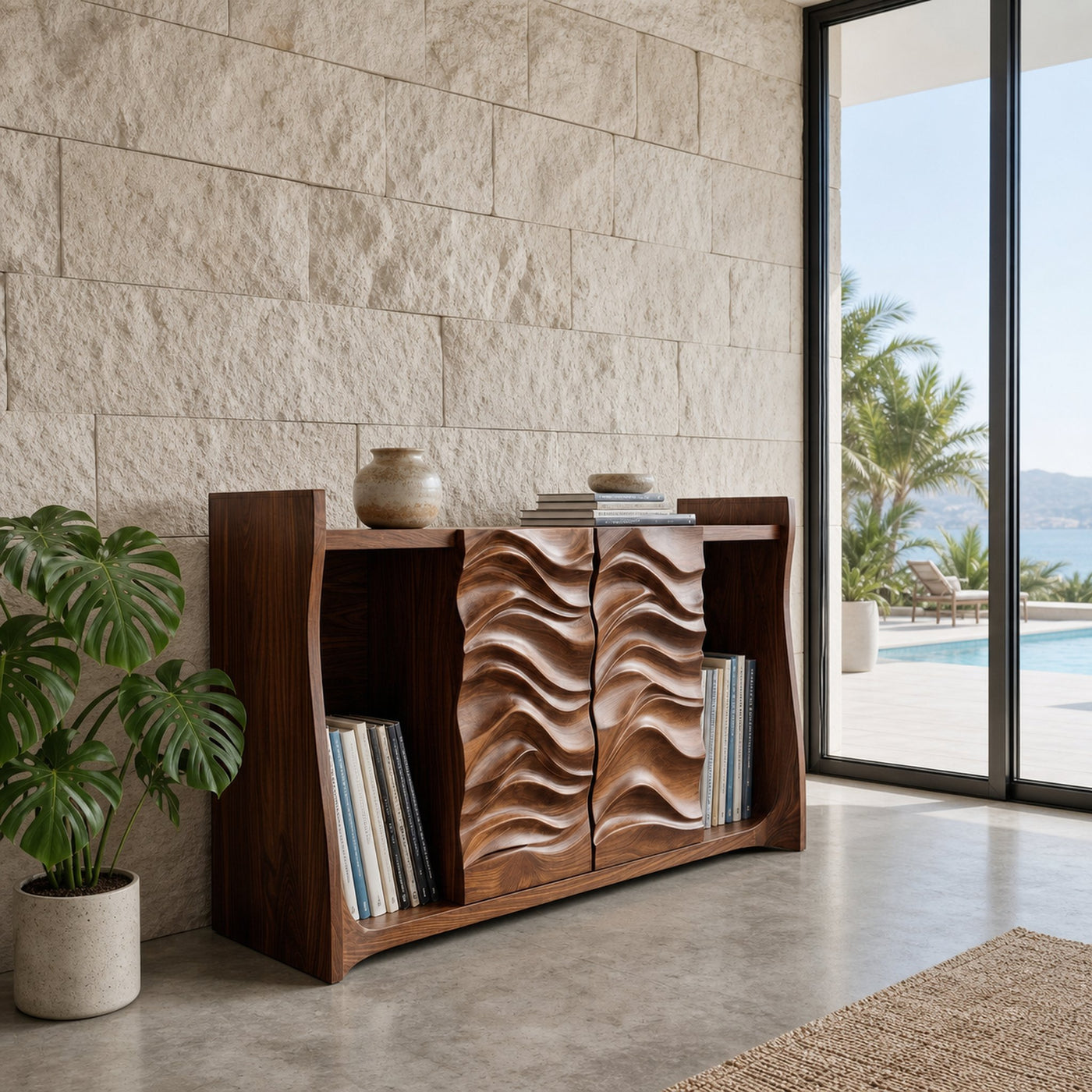 Contemporary Open Bookshelf With Carved Doors For Home Library