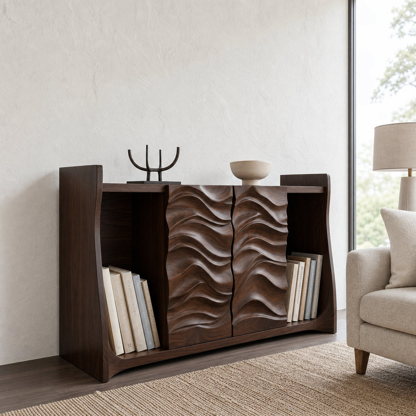Contemporary Open Bookshelf With Carved Doors For Home Library - product view 7